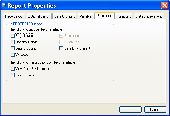 Figure 5: Use the Protection tab of the Report Properties dialog box to set overall protection modes of a report.