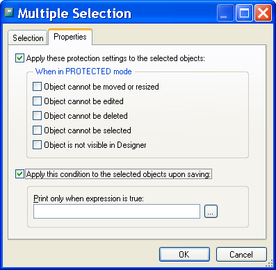 Figure 9: Use the Properties tab of the Multiple Selection dialog box to change the Protection properties and the Print When logic of the selected layout objects all at once.