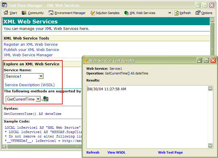 Figure 7: Our sample Web service is registered in the VFP Task Pane Manager and ready to be tested.