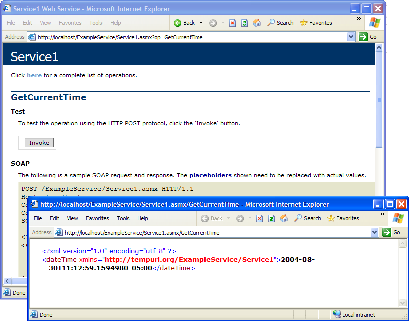 Figure 5: Testing our simple Web service using the provided test bench application through Internet Explorer.