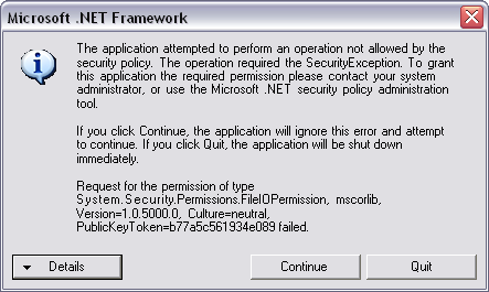 Figure 6: Exception generated for an assembly without file IO permissions.