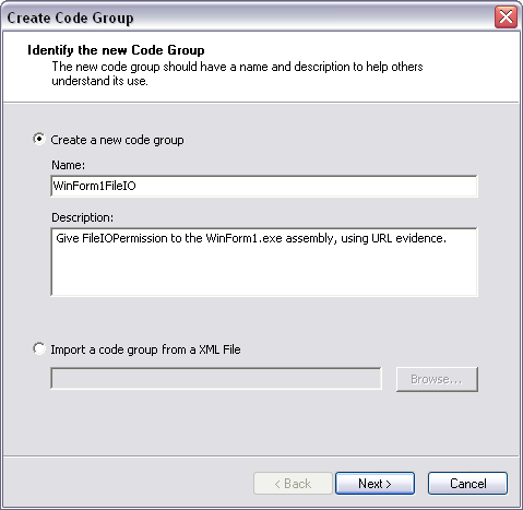 Figure 7: Setting a code group name and description.