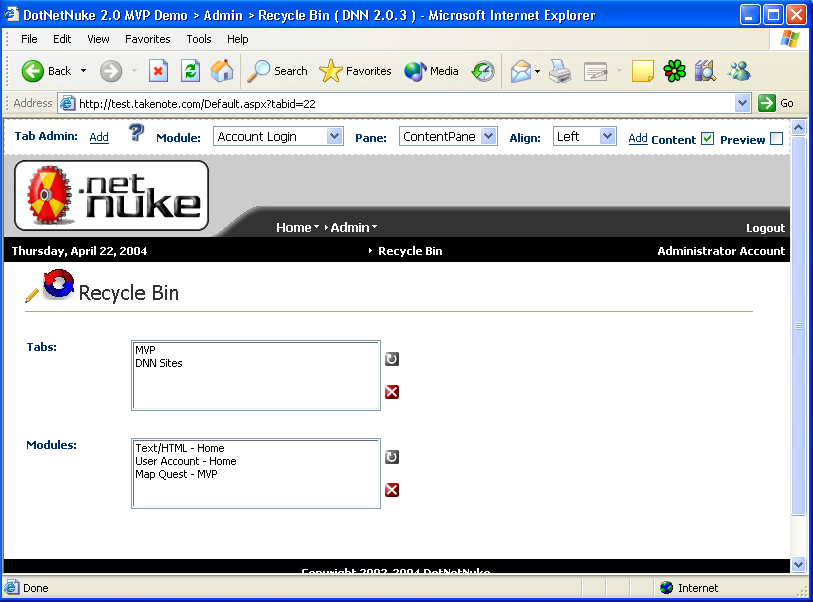 Figure 4: The Recycle Bin provides lets you restore previously deleted modules and tabs.