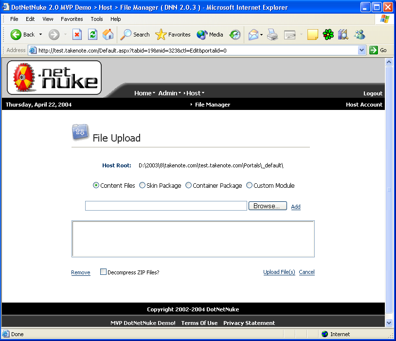Figure 5: The Host Upload dialog box includes the file location and content type being uploaded.
