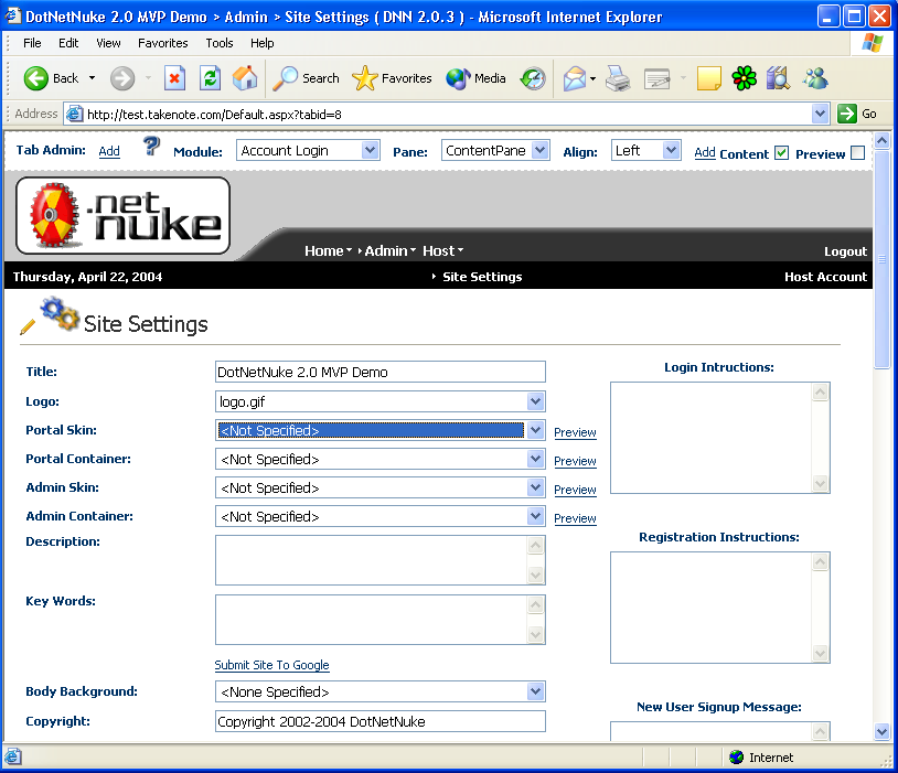Figure 6: The Admin Site Settings dialog box enables you to choose which skin to apply to a site.