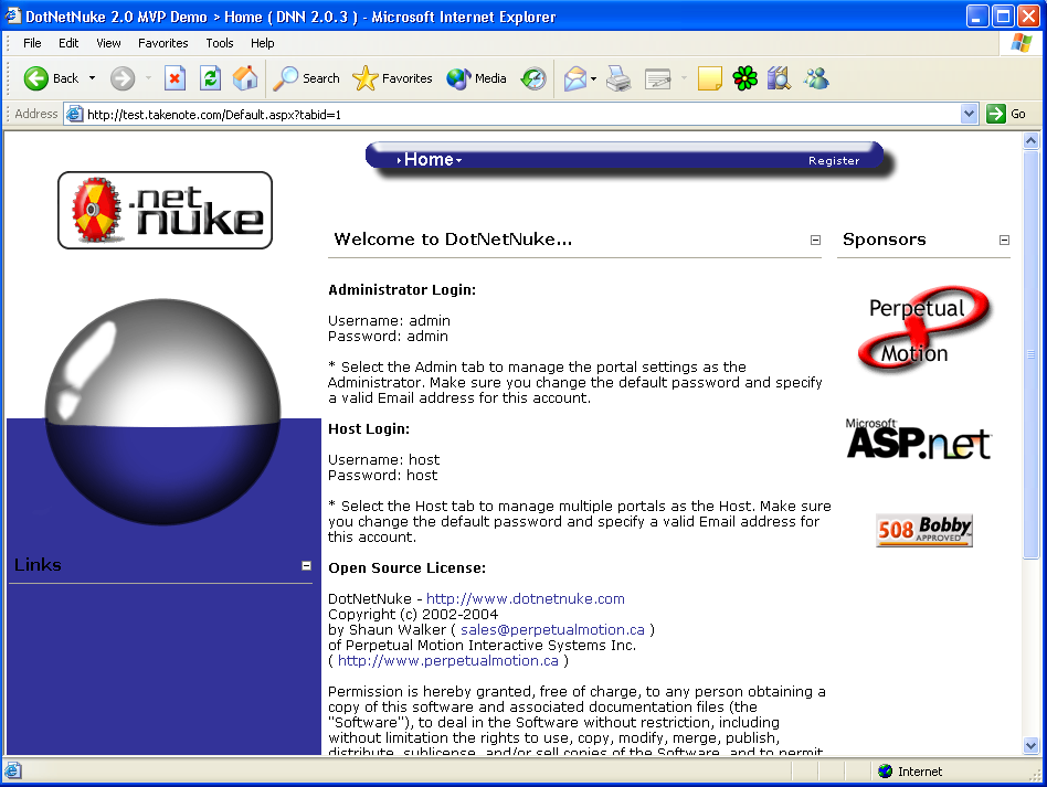 Figure 7: The DNN 2.0 default page with the ClearCell - DarkBlue skin applied.