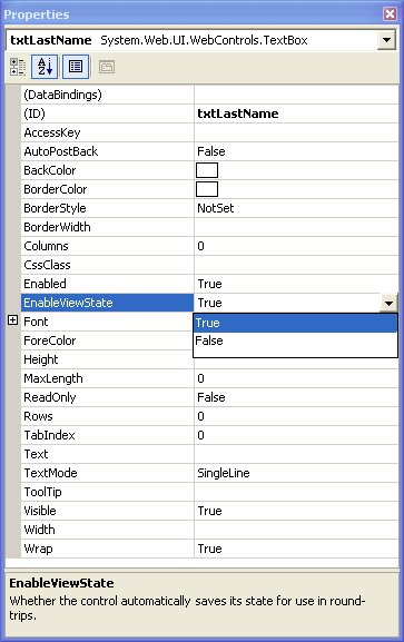 Figure 1: The property sheet showing the enableSessionState property for a textbox.