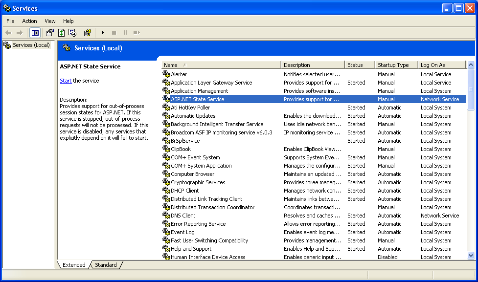 Figure 2: The Services dialog box highlighting the ASP.NET State Service.