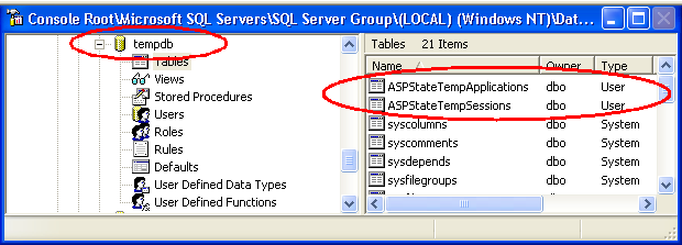 Figure 3: TempDB contains the ASPStateTempActions and ASPStateTempSessions after running the InstallSqlState.sql script.
