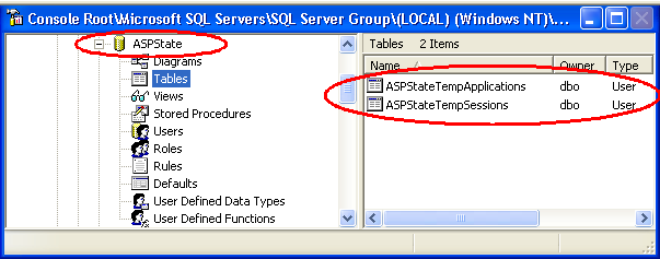 Figure 4: ASPState contains the ASPStateTempActions and ASPStateTempSessions after running the InstallSqlState.sql script.