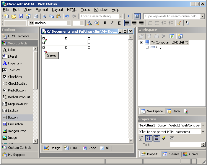Figure 1: The ASP.NET Web Matrix IDE used to create a page.