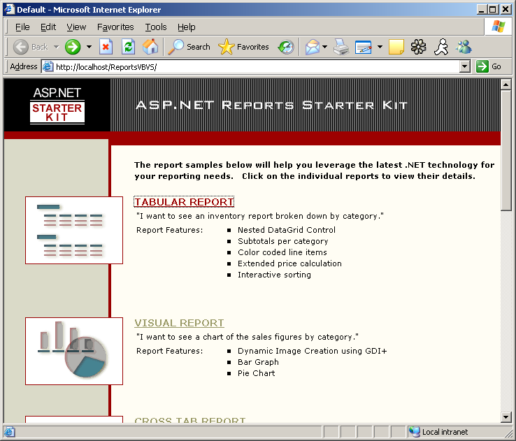 Figure 5: The Reports Starter Kit demonstrates how to create and publish reports in ASP.NET.
