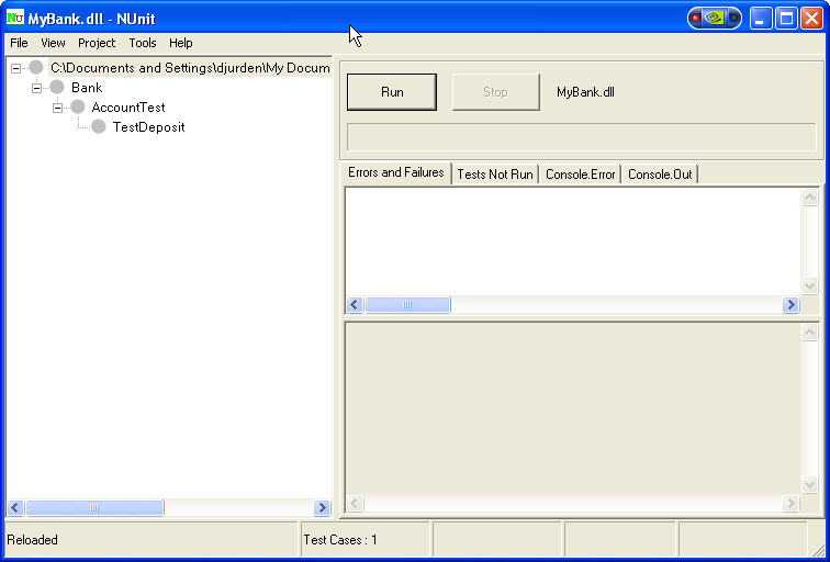 Figure 1: The NUnit GUI has the test assembly loaded.