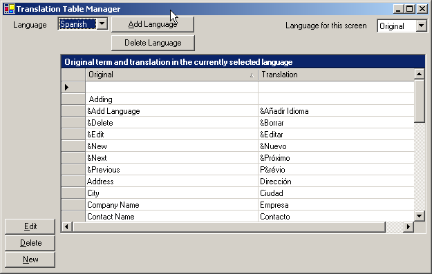 Figure 3: Adding Spanish translations to the Translation Table Manager.