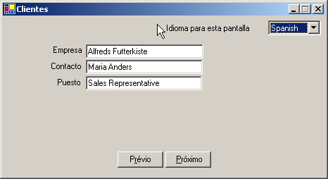 Figure 8: The Customers form with Spanish selected as the language. Note the controls and the menus.