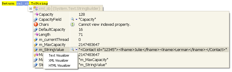 Figure 3: Debugger visualizers are also available in the watch windows as seen with this m_stringValue property of a StringBuilder object.