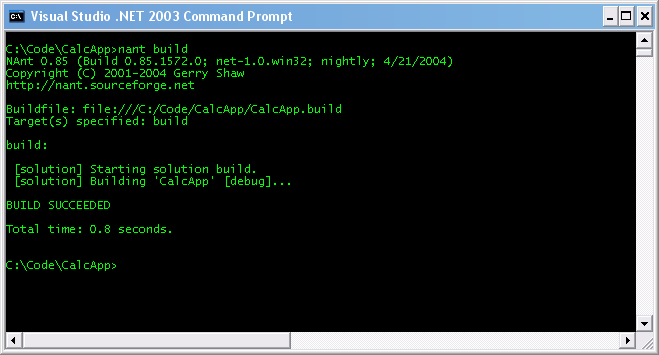 Figure 2: The results of executing the NAnt build script from the command-line.