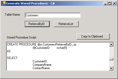 Figure 1: This user interface allows the user to define the name of the table for which the stored procedure is to be generated and then click on a button to select the type of Retrieve stored procedure to generate.