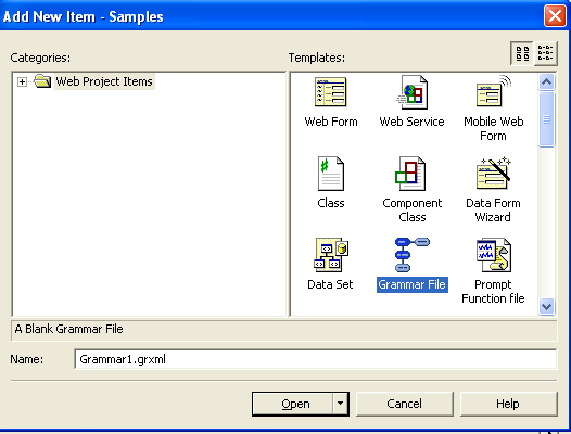 Figure 12: Within a Visual STudio speech application, grammar files have a .grxml extention and are added directly to the project.
