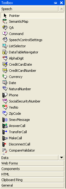 Figure 4: The set of speech controls installed by the SASDK into Visual Studio 2003.
