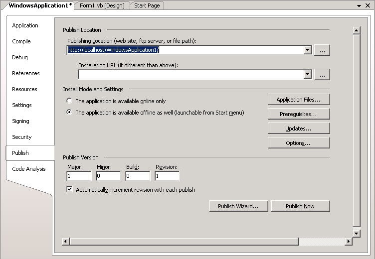 Figure 2: Visual Studio 2005 includes a project designer page dedicated to ClickOnce publishing.