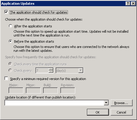 Figure 3: Configuring the update semantics of your ClickOnce application can be done in the Updates dialog box.
