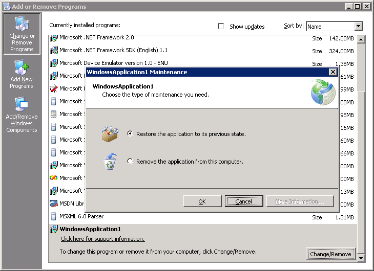 Figure 4: Offline ClickOnce applications can be uninstalled and rolled back from the Add and Remove Programs list.
