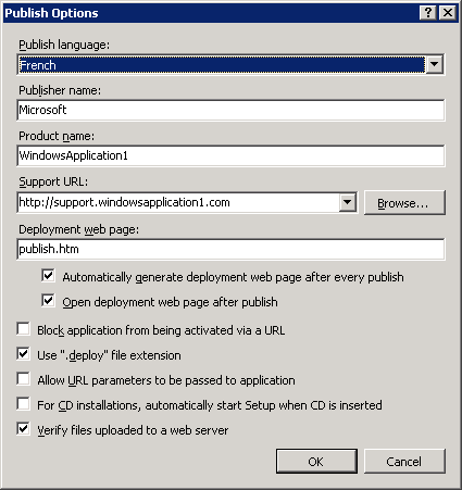 Figure 6: Among other things, your ClickOnce deployment can be localized from the Publish Options dialog box.