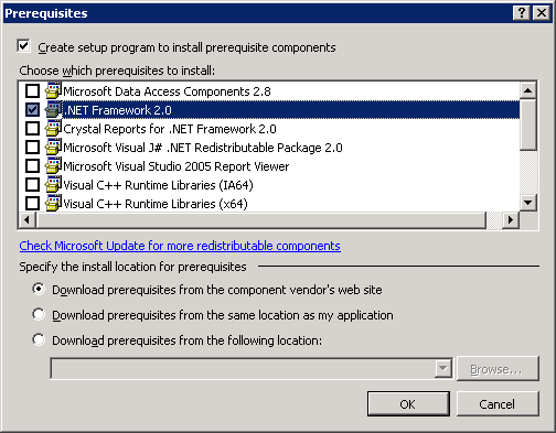 Figure 9: At publish time, Visual Studio creates a bootstrapper that installs the prerequisites selected in the Prerequisites dialog box. 