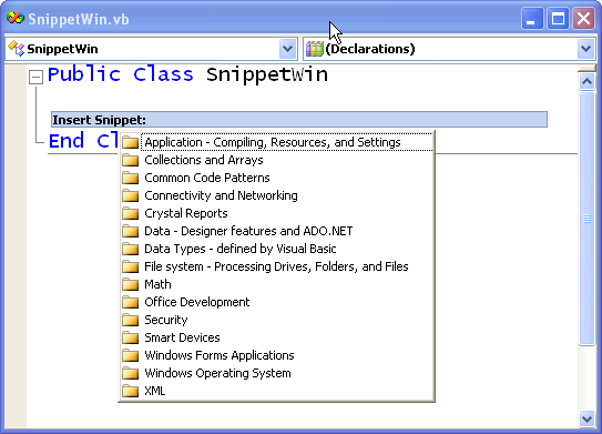 Figure 1: Visual Basic provides a comprehensive set of task-based code snippets for your use.