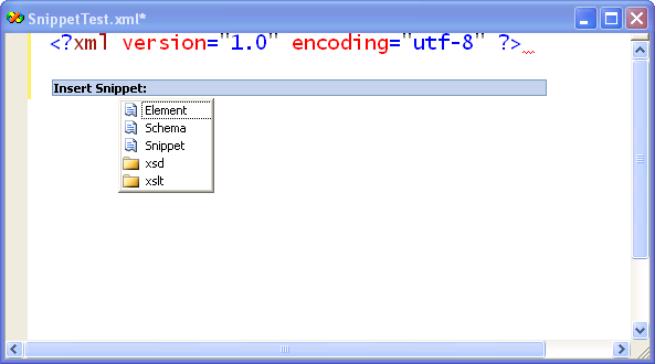 Figure 3: XML code snippets provide easy access to XML syntax.