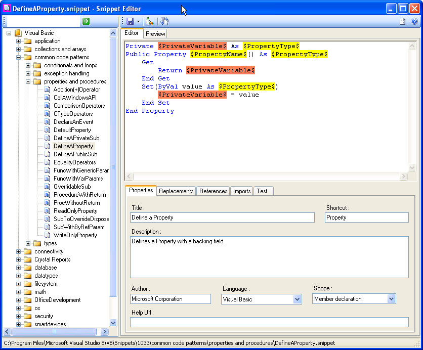 Figure 5: Create your own Visual Basic snippets using the VB Snippet Editor. Note that this is an open source project and the user interface may change.