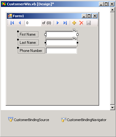Figure 1: By default, the BindingNavigator (VCR-like control toolbar) is also added to a form when a business object is dragged to the form. Just delete it if you don’t want it on your form.
