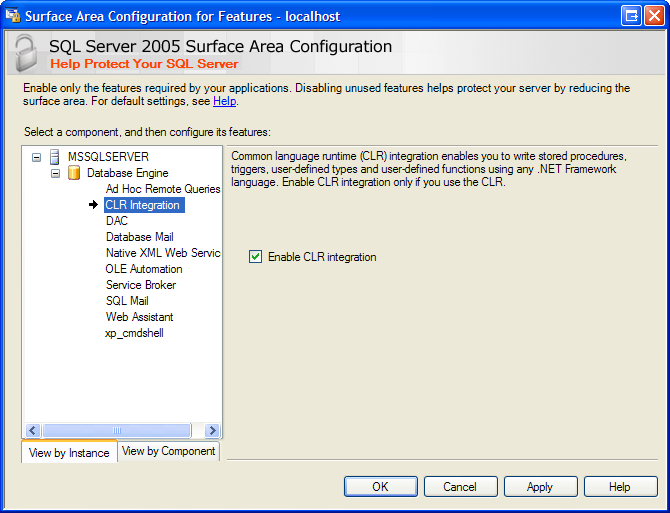 Figure       1: Enabling SQLCLR using the Surface Area Configuration tool.