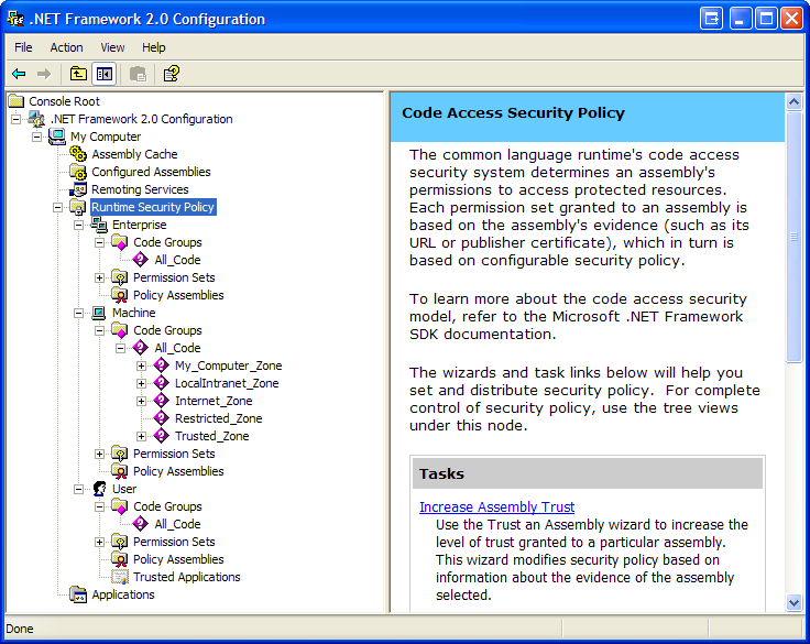 Figure 4: .NET Framework 2.0 Configuration Tool’s policy levels.