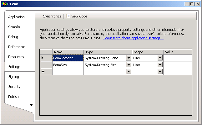 Figure 1:  The Settings tab of the Project Designer allows you to define user preference and application settings.