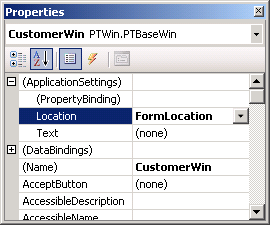 Figure 2:  The ApplicationSettings properties allow you to bind a setting to a specific form or control property.