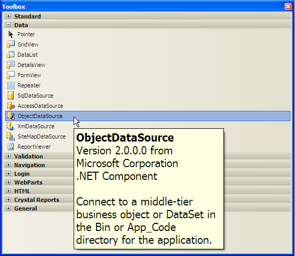 Figure 2:  From the toolbox, drop an instance of the ObjectDataSource onto the Web page.