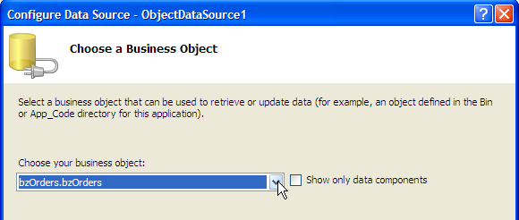 Figure 3:  Right-click on the new ObjectDataSource to select the business object.