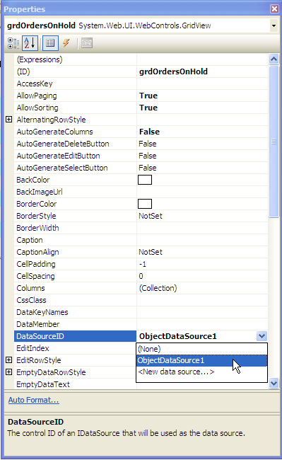 Figure 5:  Create a GridView, and set the DataSourceID and other properties.