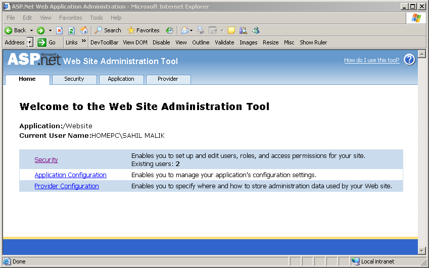 Figure 6:  The Web Site Administration Tool (WAT ).