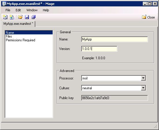 Figure 2:  MAGEUI with the Name page of an Application Manifest.