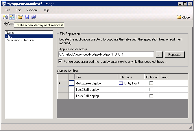 Figure 3:  MAGEUI with the Files page of the Application Manifest after the new files have been added in.