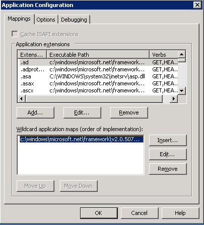 Figure 5:  Protecting non-ASP.NET 2.0 files when your site uses Forms Authentication requires telling IIS to map additional file extensions to aspnet_isape.exe. I took the blanket approach by protecting all files with a wildcard application mapping, then used the <location> element in my web.config to free up files in my images folder.