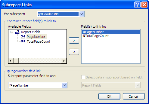 Figure 9:  Subreports link page: to pass parameters from a parent report to a subreport.