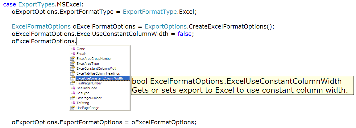 Figure 17:  Using IntelliSense in VS 2005 to view available ExcelFormatOptions for Crystal Reports.