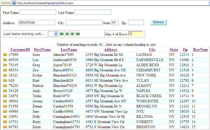 Figure 1: First page of results, user can make various selections and page through results 
