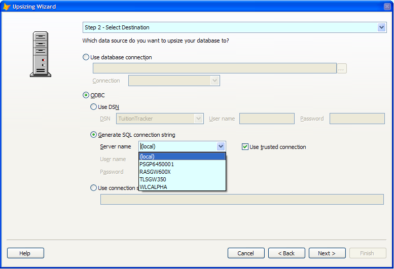 Figure 2: There are many new choices when you select the destination database including the ability to pick different SQL Servers available on the network when you are building a connection string.
