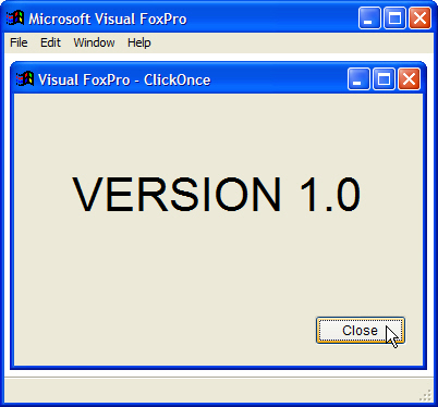 Figure 1: Form1 of a simple Visual FoxPro application to deploy and update using ClickOnce. Note the “Version 1.0” label so you can see when ClickOnce has updated the application. 