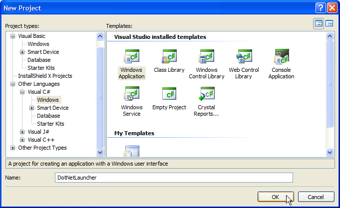 Figure 2: New Project dialog box in Visual Studio 2005. You’ll use the C# Windows Application template to create the DotNetLauncher project.